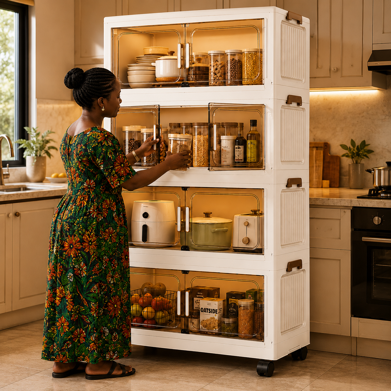 Foldable Storage Cabinet used as a kitchen rack